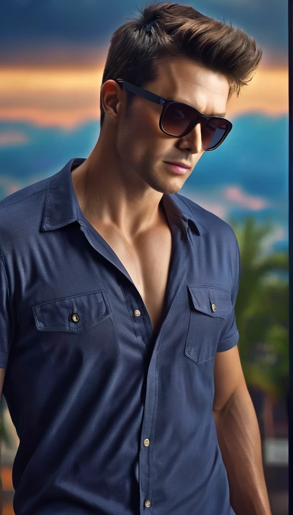 ((a handsome man, male model modern clothing,sunglasses, dark brown hair, full-length portrait: 1.5)), (best quality, 4k, 8k, high resolution, masterpiece: 1.2), ultra detailed, (realistic, photorealistic, photorealistic : 1.37), HDR, UHD, studio lighting, ultra-fine painting, sharp focus, physically based rendering, extreme detailed description, professional, vivid colors, bokeh, dramatic lighting, cinematic compositing