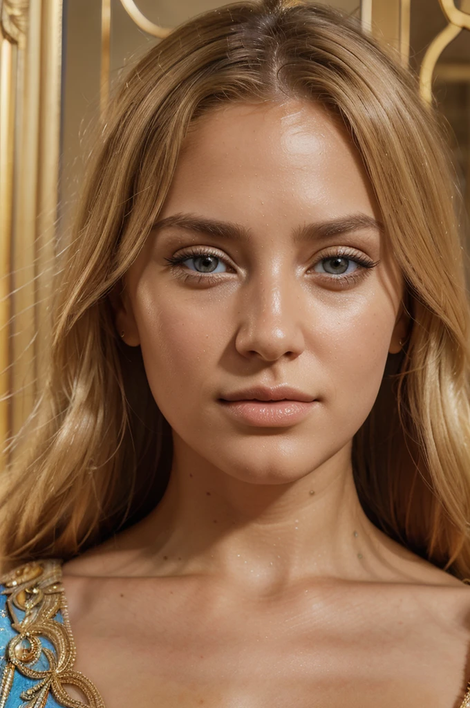 a beautiful blonde woman, beautiful golden blonde hair, detailed eyes, beautiful detailed lips, extremely detailed face, long eyelashes, in the country of Egypt, (best quality,4k,8k,highres,masterpiece:1.2),ultra-detailed,(realistic,photorealistic,photo-realistic:1.37),HDR,UHD,studio lighting,ultra-fine painting,sharp focus,physically-based rendering,extreme detail description,professional,vivid colors,bokeh,portrait, with a view of gizeh pyramide behind
