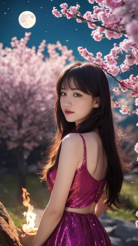 masterpiece, 最high quality, night, Mountain, full moon, Long black hair, woman, fire Fly, performer, Mysterious cherry tree, Pink leaves, high quality, Beautiful graphics, High detail