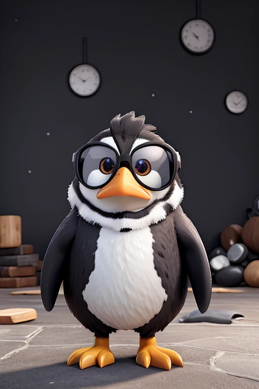 A black and white penguin animal, with sunglasses, brawny, and with an angry face .
