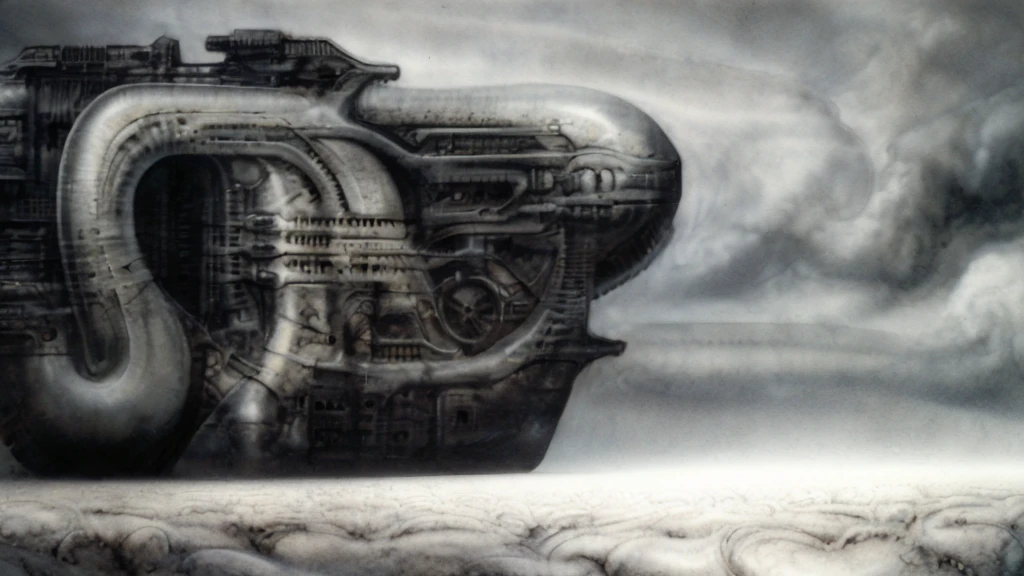 The image is a detailed view of H.R. Giger's biomechanical tableau \" Landscape XVI \" plate, featuring.
(airbrush painting, Giger's alien in front of broken alien ship in landscape, natural light, sharp focus, illustration, highly detailed, digital painting, concept art, matte, art by gric and kozhanov and moebius and Alphonse Mucha, masterpiece, HDR ,UHD , uplight, in HRGigerArhP style);1.
surrealistic painting of a monster with multiple tentacles and a body that looks like a brain, surrounded by a chaotic scene of swirling clouds and other monsters
It's a complex network of bones and organs in eldritch color scheme:a greenish-brown hue ,swirling gery and brown colors. The artwork is silverish and green brown, with an ivory bones prominently displayed. The image is highly detailed and intricate, almost like a 3d version of a medical sketchwork.
The piece is a tableau, most likely created with a India ink pen or pencil on paper, determined by the thin lines, shading techniques, and the texture of the paper, which is visible around the edges.
Used is pen, given the shading and variations in line weight visible in the image. Artist have used a variety of stylus with different degrees of hardness to achieve the shading effects.
The use of undersaturated green-grays dark contrasts creates a stark and graphic look. Is used a variety of linework techniques to create different textures. Fine, parallel lines create a smooth, metallic texture,while thicker, more cursive lines suggest cables or wires.
Light source from the top highlights skeletals, pper part of foreground, lower part of image is in shadowupper part of foreground, lower part of image is in shadow.
The art performance showcases the artist’s skills in observation and rendering. The level of detail in the piece suggests a close study of real bone specimens and mechanics. The artist has skillfully used shading techniques to create a convincing illusion of three-dimensionality on a flat surface. The wrinkles