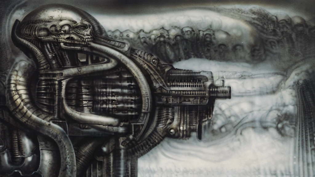 The image is a detailed view of H.R. Giger's biomechanical tableau \" Landscape XVI \" plate, featuring.
(airbrush painting, Giger's alien in front of broken alien ship in landscape, natural light, sharp focus, illustration, highly detailed, digital painting, concept art, matte, art by gric and kozhanov and moebius and Alphonse Mucha, masterpiece, HDR ,UHD , uplight, in HRGigerArhP style);1.
surrealistic painting of a monster with multiple tentacles and a body that looks like a brain, surrounded by a chaotic scene of swirling clouds and other monsters
 It's a complex network of bones and organs in eldritch color scheme:a greenish-brown hue ,swirling gery and brown colors. The artwork is silverish and green brown, with an ivory bones prominently displayed. The image is highly detailed and intricate, almost like a 3d version of a medical sketchwork.   
The piece is a tableau, most likely created with a India ink pen or pencil on paper, determined by the thin lines, shading techniques, and the texture of the paper, which is visible around the edges.
Used is pen, given the shading and variations in line weight visible in the image. Artist have used a variety of stylus with different degrees of hardness to achieve the shading effects.
 The use of undersaturated green-grays dark contrasts creates a stark and graphic look. Is used a variety of linework techniques to create different textures. Fine, parallel lines create a smooth, metallic texture,while thicker, more cursive lines suggest cables or wires.
Light source from the top highlights skeletals, pper part of foreground, lower part of image is in shadowupper part of foreground, lower part of image is in shadow.
The art performance showcases the artist’s skills in observation and rendering. The level of detail in the piece suggests a close study of real bone specimens and mechanics. The artist has skillfully used shading techniques to create a convincing illusion of three-dimensionality on a flat surface. The wrinkles 