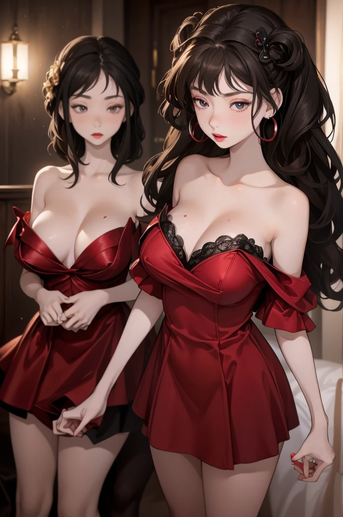 (8K HDR photorealistic pic), Betty Boop, short, althetic, curvy lady, ((tight little red dress)), dark eyebrows, black lipstick, (hoop earrings), dark eyeshadow, black lipstick, curvy, busty, (curly short black hair), shortstack, (retroussé breasts), darling figure, (supple pouting breasts), firm thighs, hourglass figure, kerchief, big brown eyes, dancing seductively