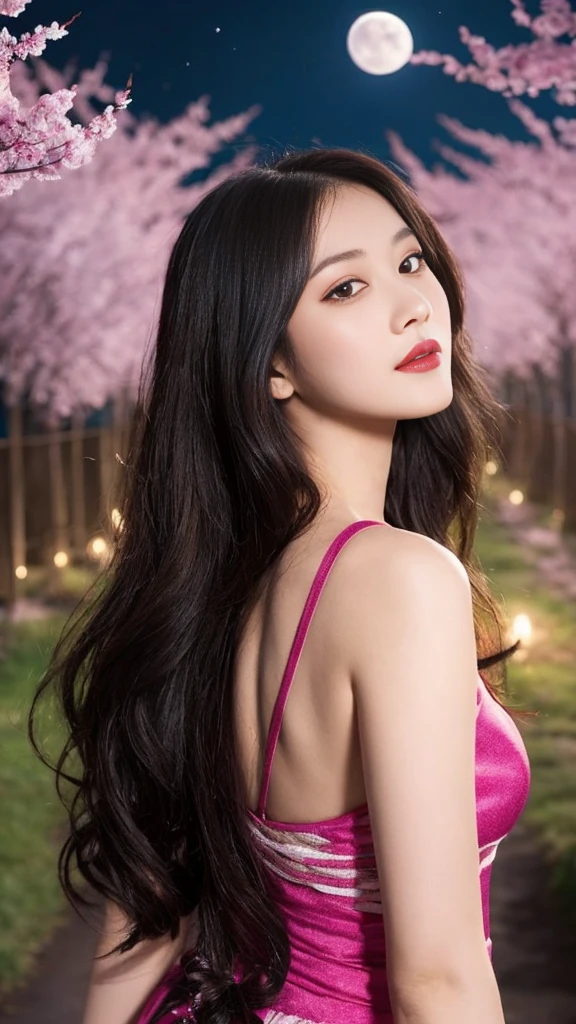 masterpiece, 最high quality, night, Mountain, full moon, Long black hair, woman, fire Fly, performer, Mysterious cherry tree, Pink leaves, high quality, Beautiful graphics, High detail