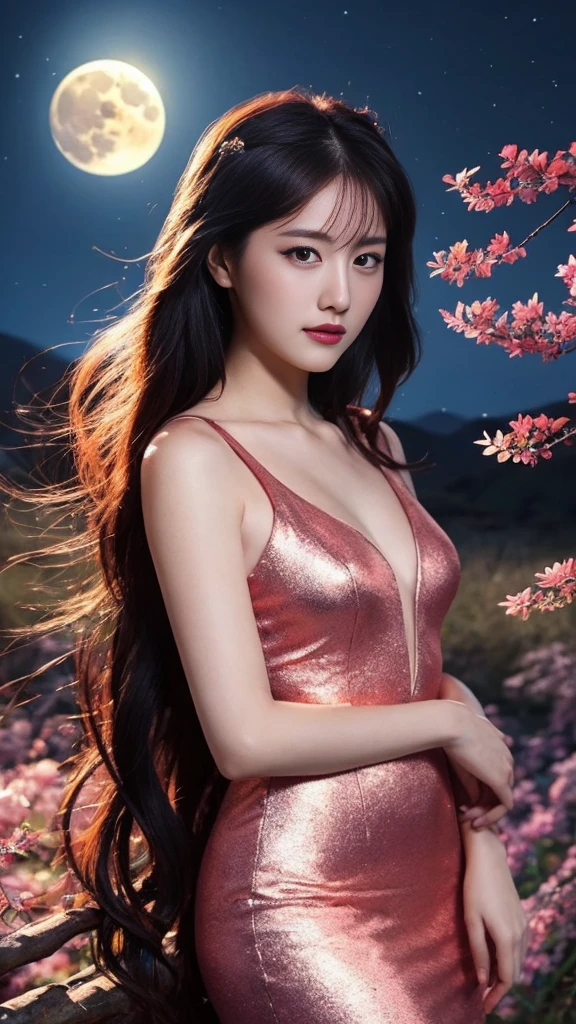 masterpiece, 最high quality, night, Mountain, full moon, Long black hair, woman, fire Fly, performer, Mysterious cherry tree, Pink leaves, high quality, Beautiful graphics, High detail