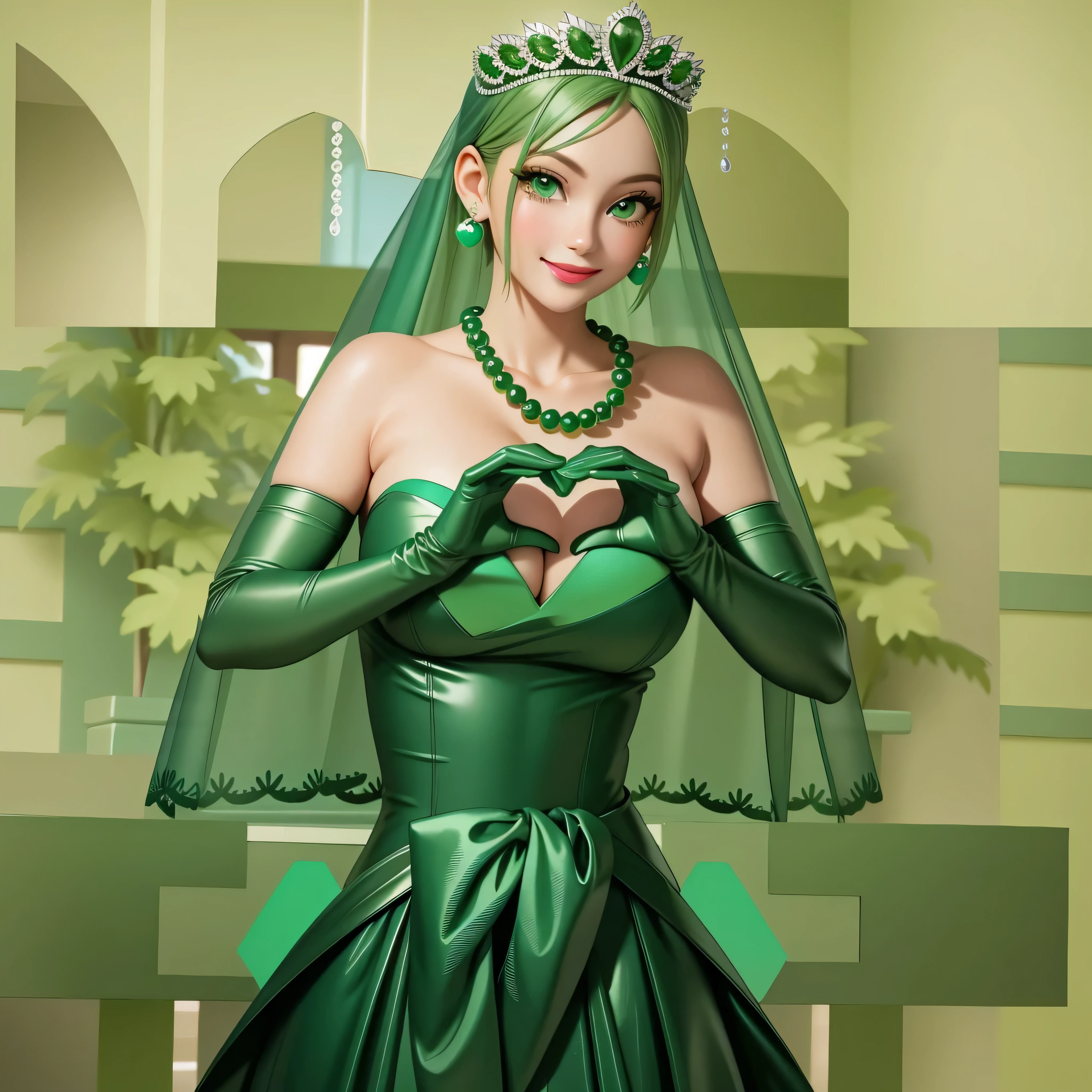 emerald tiara, Green Pearl Necklace, Boyish very short green hair, Green Lips, Smiling Japanese woman, Very short hair, Busty beautiful lady, Green Eyes, Green satin long gloves, Green Eyes, Emerald Earrings, Green veil, Heart with both hands, Green Hair, Beautiful Japanese Women, Heart shaped hands:1.3, green lip gloss