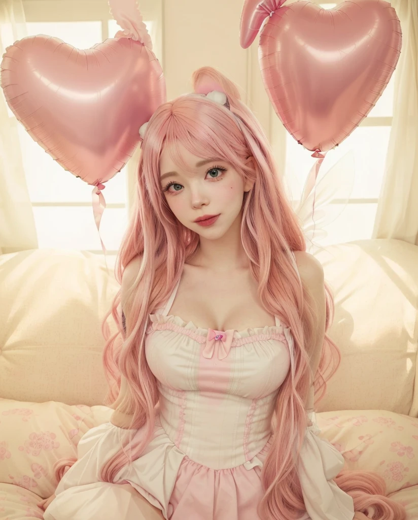 there is a woman with pink hair and a heart shaped balloon, belle delphine, fairycore, doja cat, long flowing pink hair, melanie martinez, inspired by Marie Angel, with pink hair, aesthetic cute with flutter, ahegao, with bunny ears, wig, long bubblegum hair, flowing pink hair, anime girl cosplay, decora inspired