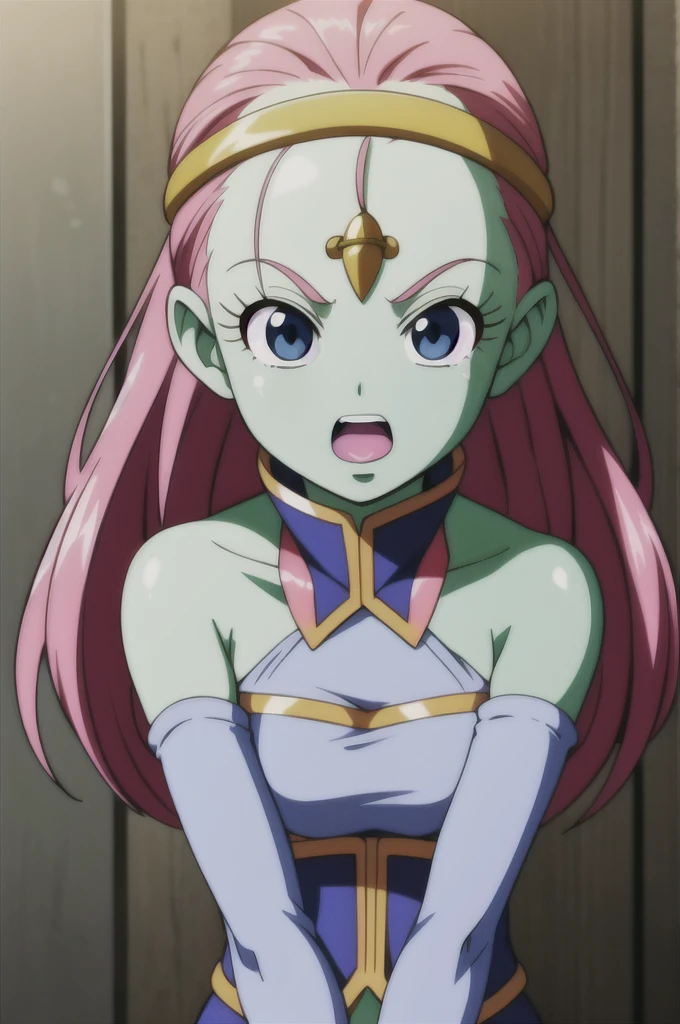 Kawei, One girl, alone, Long Hair, View your viewers, Open your mouth, blue eyes, Pink Hair, Skin of color, surprised, Circlet, Bare shoulders, Gold Cap, arms by side, Blue Collar, Detachable collar, eyelash, Green skin, close, low-tied Long Hair, Pointy Nose, V-shaped eyebrows, tongue, Blue leotard on the upper teeth, Removable sleeves, Blue Armwear, 
 