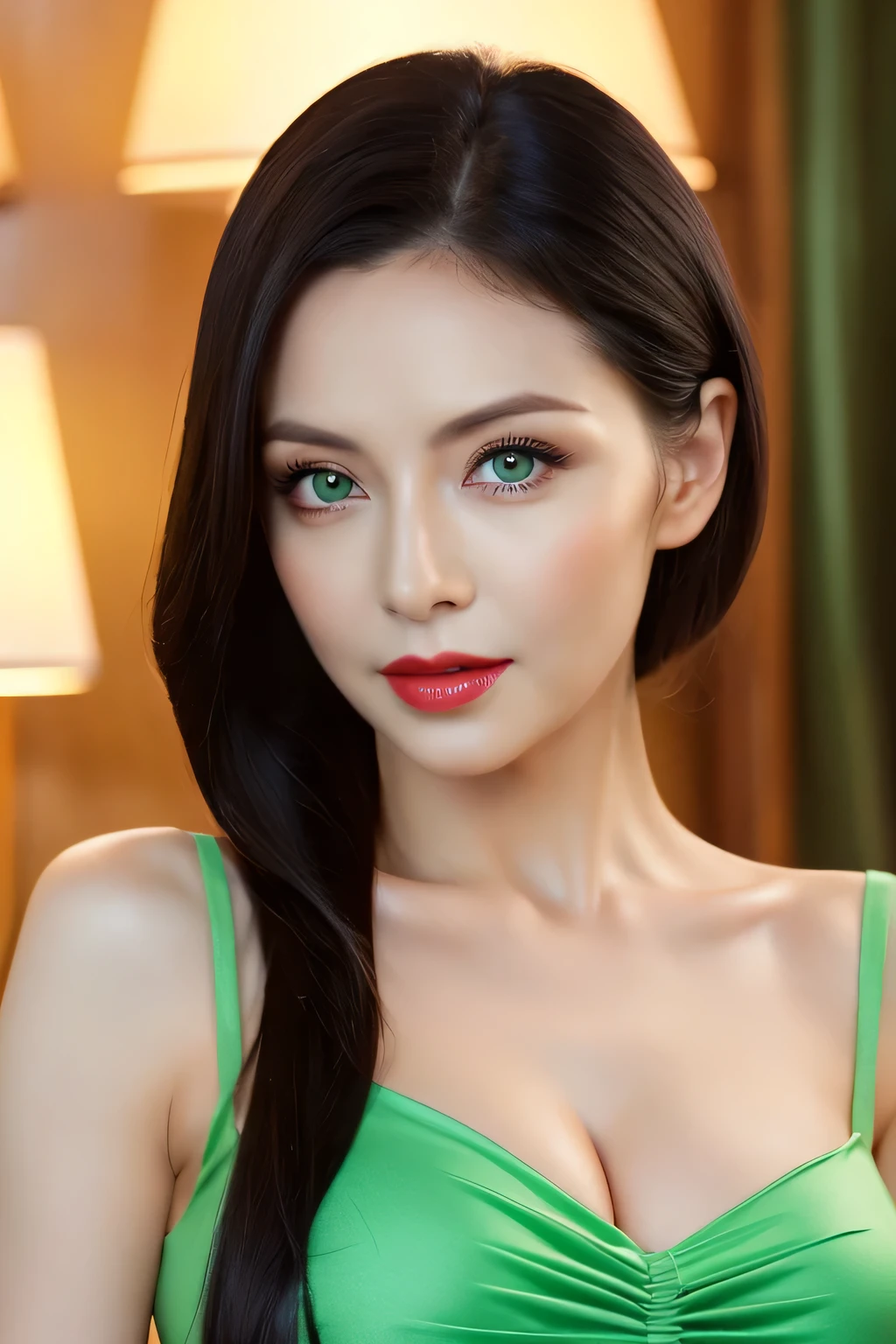 woman, beautiful, 30 years old, perfect face and features, NO WRINKLES, NO MARKS of expressions on her FACE, seductive, very sexy look, defined body, in chic dress, green eyes, red lipstick, LONG BLACK HAIR, 4k, realistic, busty