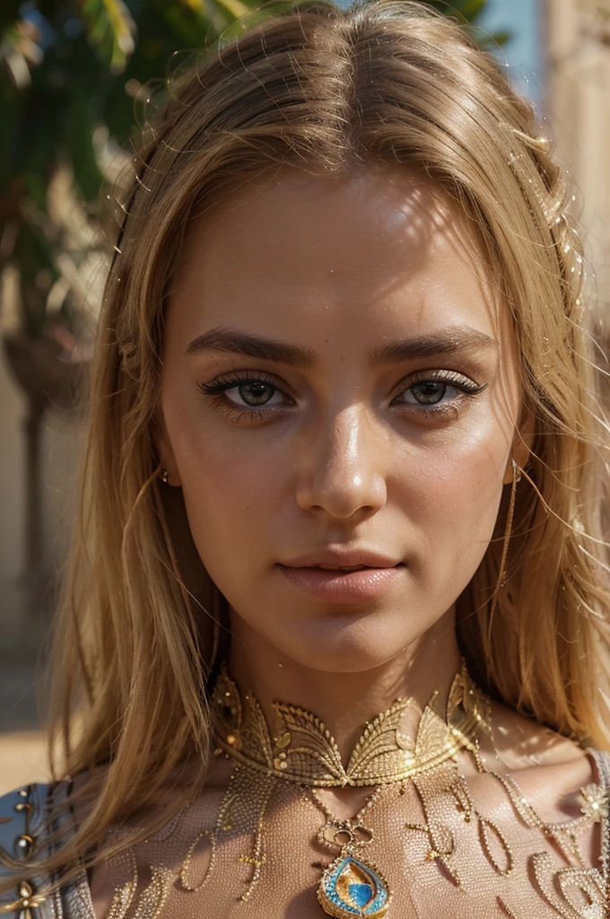 a beautiful blonde woman, beautiful golden blonde hair, detailed eyes, beautiful detailed lips, extremely detailed face, long eyelashes, in the country of Egypt, wearing a long arab dress, (best quality,4k,8k,highres,masterpiece:1.2),ultra-detailed,(realistic,photorealistic,photo-realistic:1.37),HDR,UHD,studio lighting,ultra-fine painting,sharp focus,physically-based rendering,extreme detail description,professional,vivid colors,bokeh,portrait, with a view of gizeh pyramide  behind