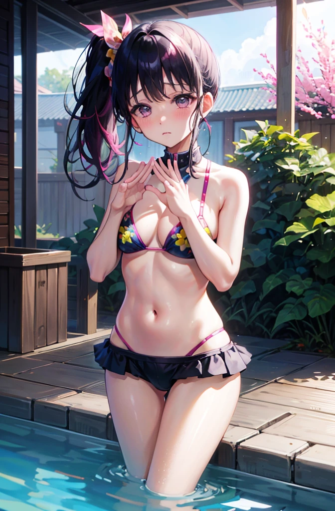 Colorful bikinis、Random pose、Floral bikini、Yellow floral bikini、Random pose、cowgirl position、、cowgirl position、、Hide your with your hands、Blushing、Embarrassed expression、、Not wearing a bra、Black Hair、Side Ponytail、Pale purple eyes、、Blushing、lipstick、Perfect hands、Detailed hands、Poolside