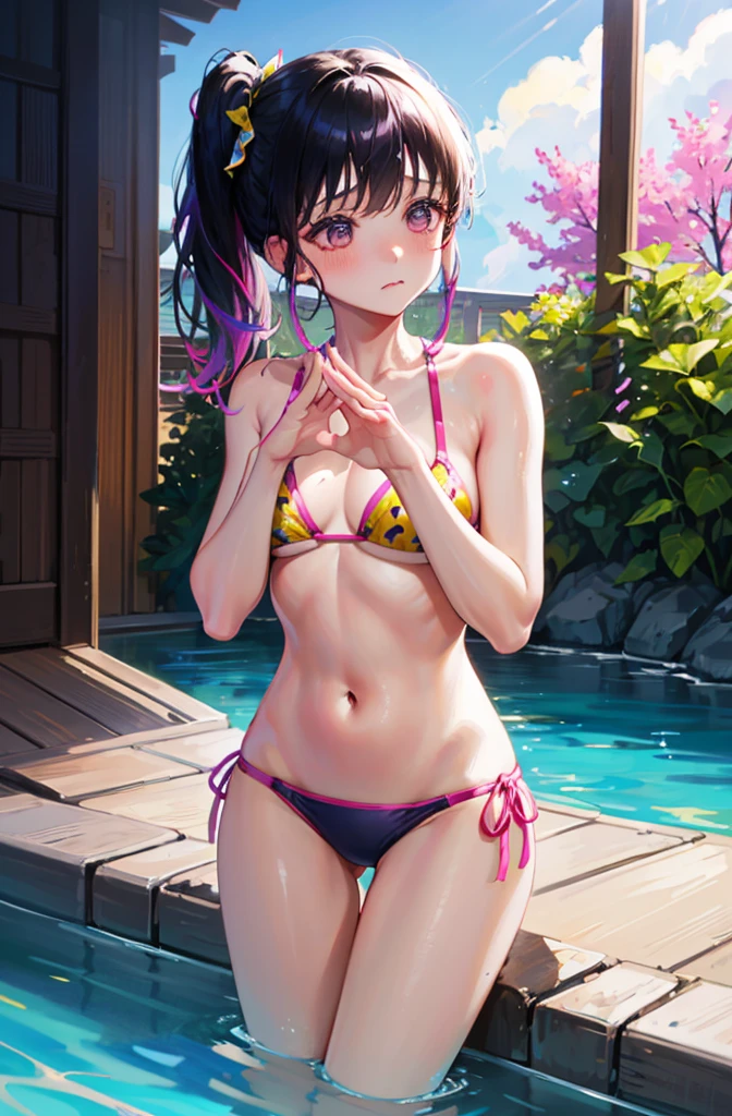 Colorful bikinis、Random pose、Floral bikini、Yellow floral bikini、Random pose、cowgirl position、、cowgirl position、、Hide your with your hands、Blushing、Embarrassed expression、、Not wearing a bra、Black Hair、Side Ponytail、Pale purple eyes、、Blushing、lipstick、Perfect hands、Detailed hands、Poolside