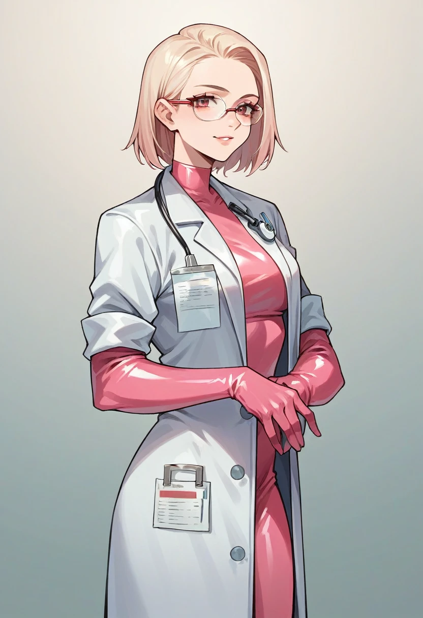 1girl, light hair, ((pink elbow gloves)), ((surgical gloves)), ((latex gloves)), ((long sleeves)) ((white surgeon outfit)), looking at viewer, ((doctor)), standing, solo