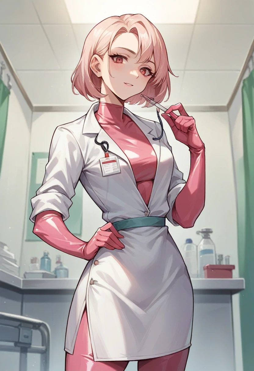 1girl, light hair, ((pink elbow gloves)), ((surgical gloves)), ((latex gloves)), ((long sleeves)) ((white surgeon outfit)), looking at viewer, ((doctor)), standing, solo