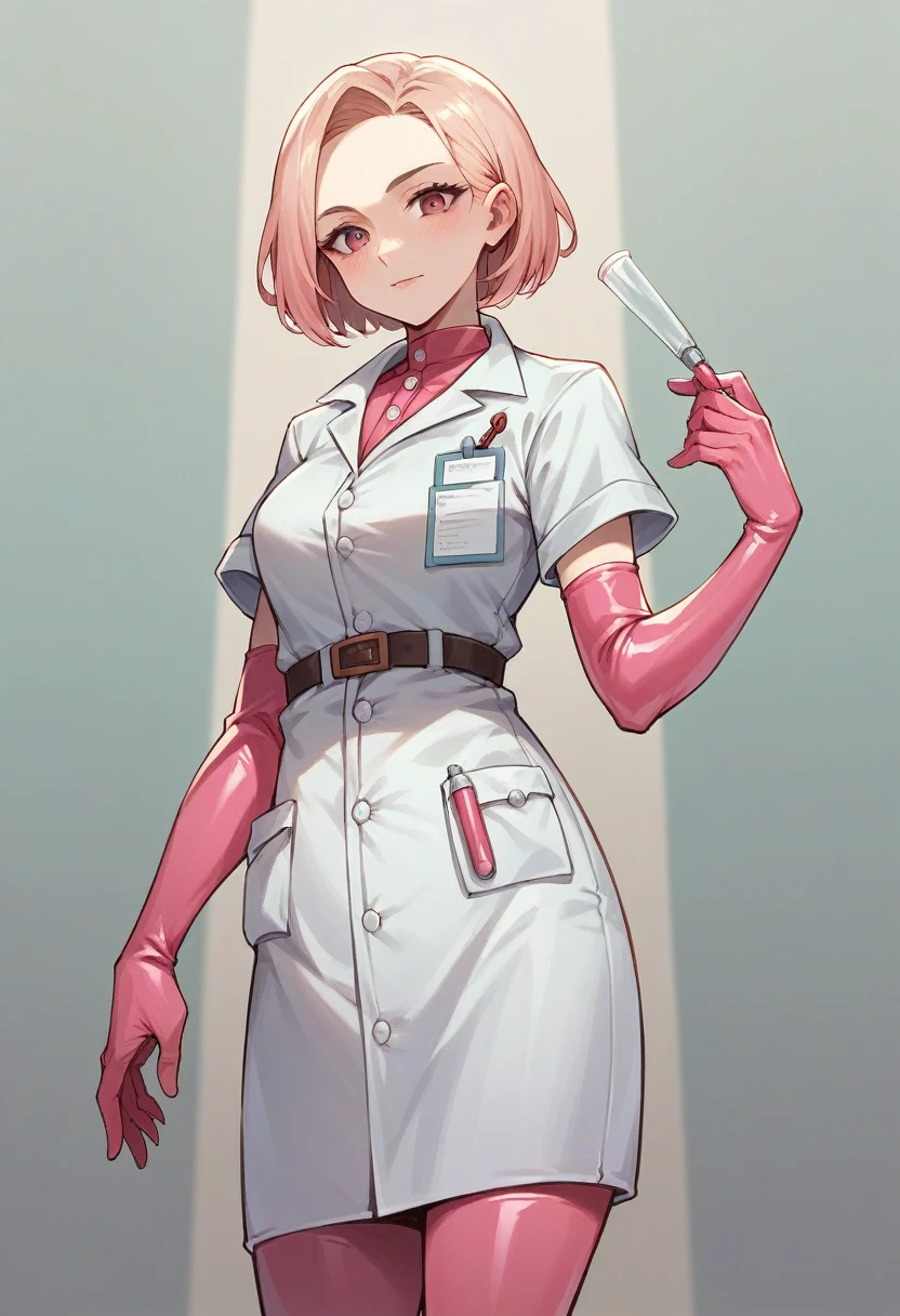1girl, light hair, ((pink elbow gloves)), ((surgical gloves)), ((latex gloves)), ((long sleeves)) ((white surgeon outfit)), looking at viewer, ((doctor)), standing, solo