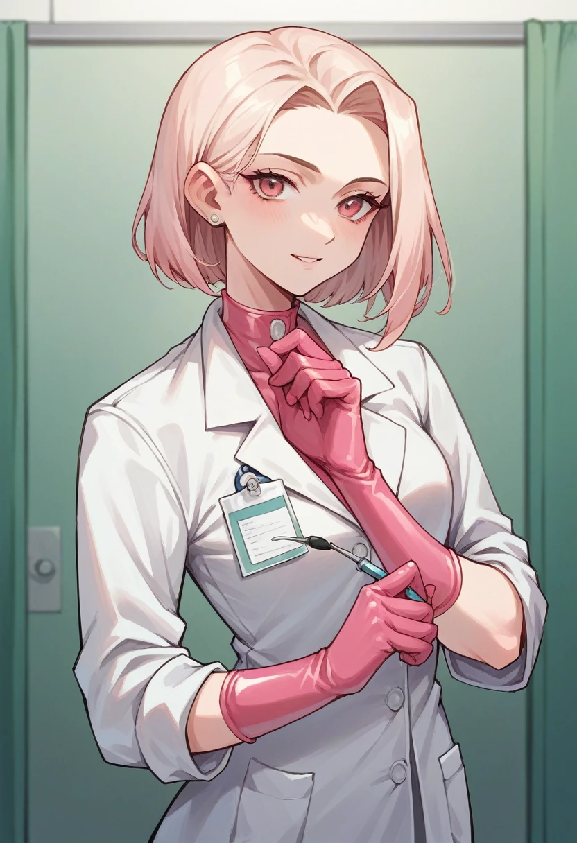 1girl, light hair, ((pink elbow gloves)), ((surgical gloves)), ((latex gloves)), ((long sleeves)) ((white surgeon outfit)), looking at viewer, ((doctor)), standing, solo