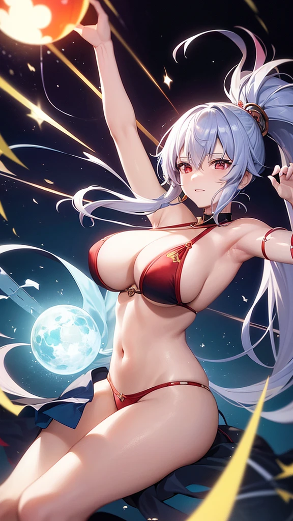 an adult anime-style girl named Tomoe Gozen (to know) showing a friendly smile ,presents an impressive and powerful appearance. It is 2 kilometers high, she holds a galaxy with her hand, showing her great multiversal power she is sitting on a planet measuring the cosmos, she has nothing on her head. She wears swimwear decorated with traditional Japanese light blue motifs on the left and red on the right with gold details that give it a distinctive touch.. His grayish albino hair is tied up in an elaborate hairstyle that complements his warrior appearance.. She has huge O cup breasts. His reddish eyes shine with determination and strength., showing his indomitable spirit in combat. He holds 2 swords, one sword is covered in red fire and the other sword is covered in blue fire and both swords are displayed in a fighting style.