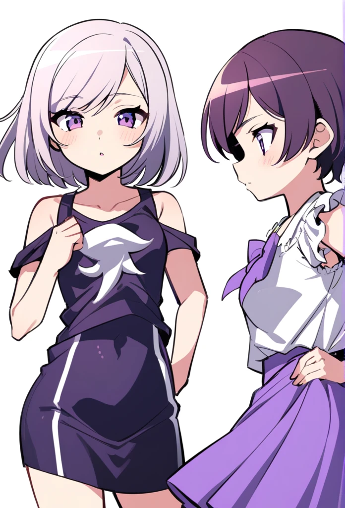 A girl with purple and white hair and short hair and a purple dress with a teenage body 