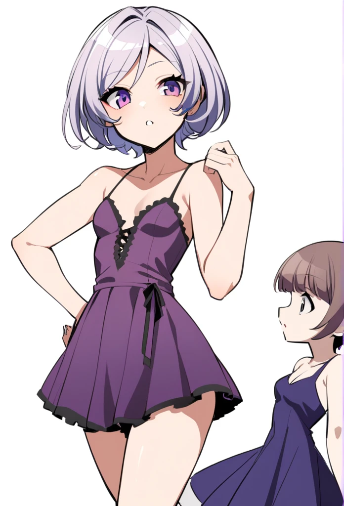 A girl with purple and white hair and short hair and a purple dress with a teenage body 