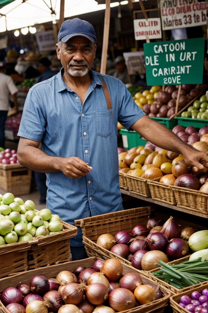 Man at the market selling onions
