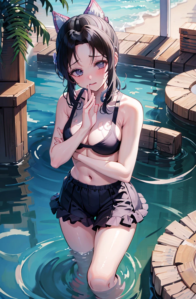 Random pose、Floral bikini、Yellow floral bikini、Random pose、cowgirl position、、cowgirl position、、Hide your with your hands、Blushing、Embarrassed expression、、Not wearing a bra、Black Hair、Side Ponytail、Pale purple eyes、、Blushing、lipstick、Perfect hands、Detailed hands、Poolside