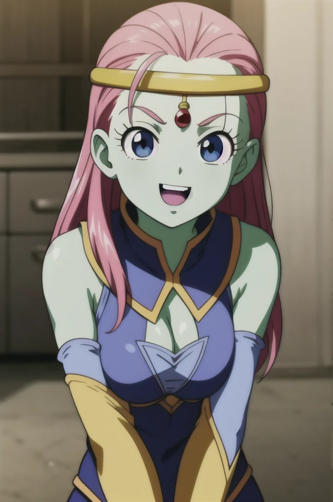 Kawei, One girl, alone, Long Hair, View your viewers, Open your mouth, blue eyes, Pink Hair, Skin of color, surprised, Circlet, Bare shoulders, Gold Cap, arms by side, Blue Collar, Detachable collar, eyelash, Green skin, close, low-tied Long Hair, Pointy Nose, V-shaped eyebrows, tongue, Blue leotard on the upper teeth, Removable sleeves, Blue Armwear, ballet　Big Breasts　smile　Venus flytrap
 