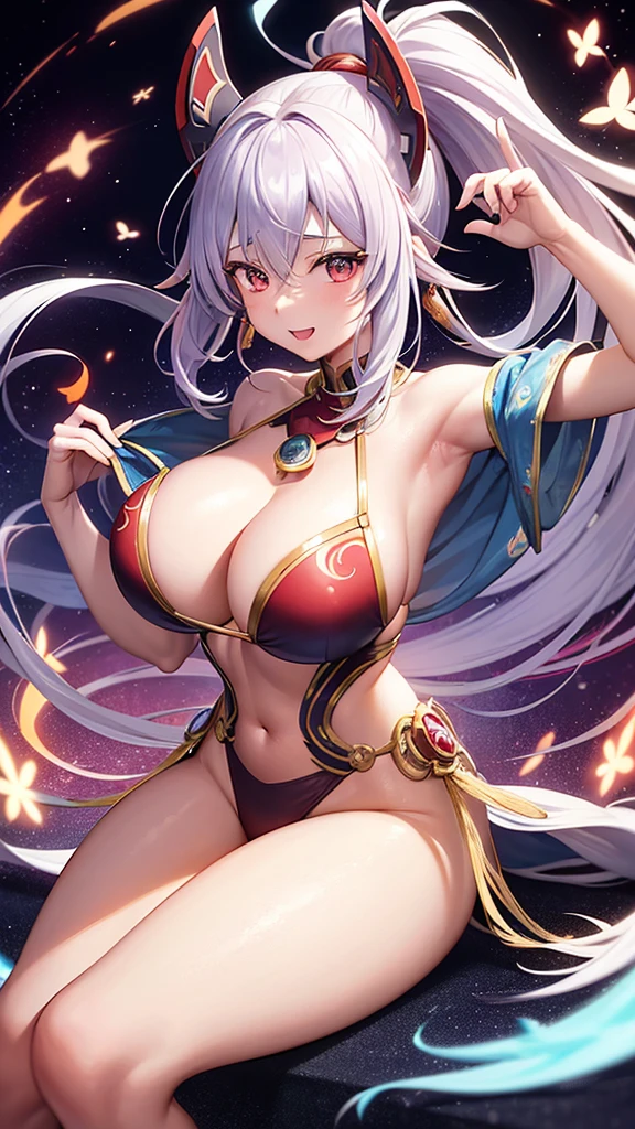 an adult anime-style girl named Tomoe Gozen (to know) showing a friendly smile ,presents an impressive and powerful appearance. It is 2 kilometers high, she holds a galaxy with her hand, showing her great multiversal power she is sitting on a planet measuring the cosmos, she has nothing on her head. She wears swimwear decorated with traditional Japanese light blue motifs on the left and red on the right with gold details that give it a distinctive touch.. His grayish albino hair is tied up in an elaborate hairstyle that complements his warrior appearance.. She has huge O cup breasts. His reddish eyes shine with determination and strength., showing his indomitable spirit in combat. He holds 2 swords, one sword is covered in red fire and the other sword is covered in blue fire and both swords are displayed in a fighting style.