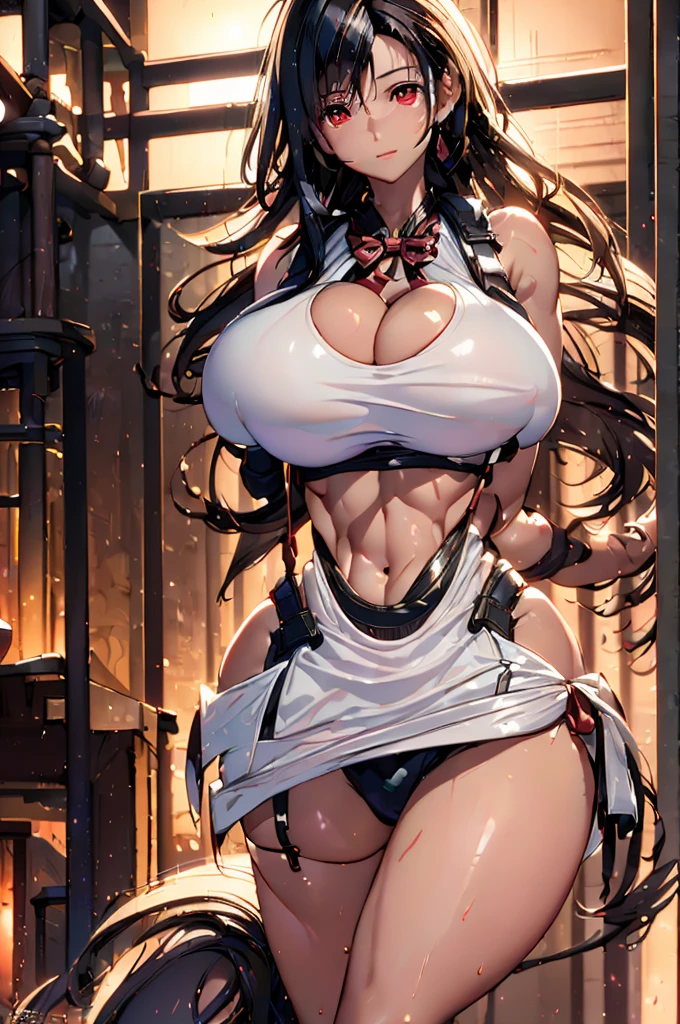 (masterpiece, best quality:1.2), (detailed face and eyes:1.1), Tifa Lockhart, (mature woman), muscular, athletic, cheerful, gorgeous heart-shaped face, toned body, hourglass figure (massive breasts), long dark hair tied with ribbon at the end, ((Aerith costume)), realistic, seductive, red eyes