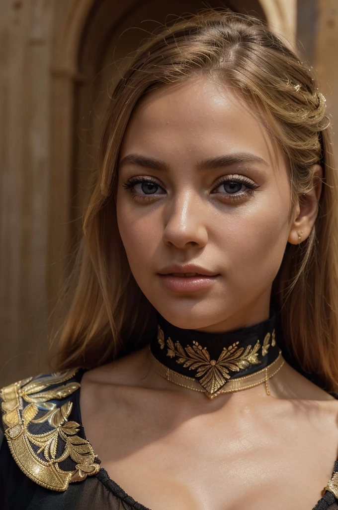 a beautiful blonde woman, beautiful golden blonde hair, detailed eyes, beautiful detailed lips, extremely detailed face, long eyelashes, in the country of Egypt, wearing a long black arab dress which goes to her feet, (best quality,4k,8k,highres,masterpiece:1.2),ultra-detailed,(realistic,photorealistic,photo-realistic:1.37),HDR,UHD,ultra-fine painting,sharp focus,physically-based rendering,extreme detail description,professional,vivid colors,bokeh,portrait, vue sur les pyramides, photo prise par un photographe, le cheveux porter par le vent, les mains derrière le dos