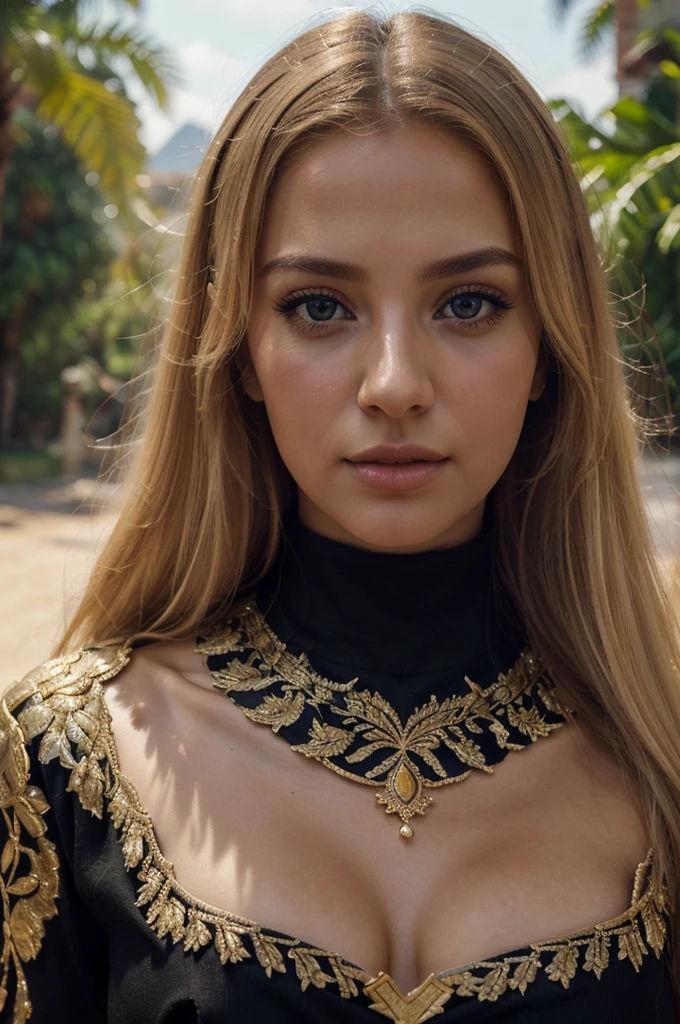 a beautiful blonde woman, beautiful golden blonde hair, detailed eyes, beautiful detailed lips, extremely detailed face, long eyelashes, in the country of Egypt, wearing a long black arab dress, (best quality,4k,8k,highres,masterpiece:1.2),ultra-detailed,(realistic,photorealistic,photo-realistic:1.37),HDR,UHD,studio lighting,ultra-fine painting,sharp focus,physically-based rendering,extreme detail description,professional,vivid colors,bokeh,portrait, with a view of gizeh pyramide behind