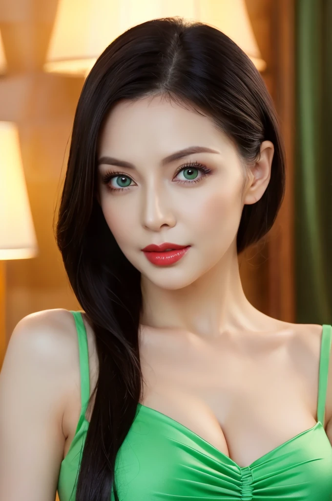 woman, beautiful, 30 years old, perfect face and features, NO WRINKLES, NO MARKS of expressions on her FACE, seductive, very sexy look, defined body, in chic dress, green eyes, red lipstick, LONG BLACK HAIR, 4k, realistic, busty