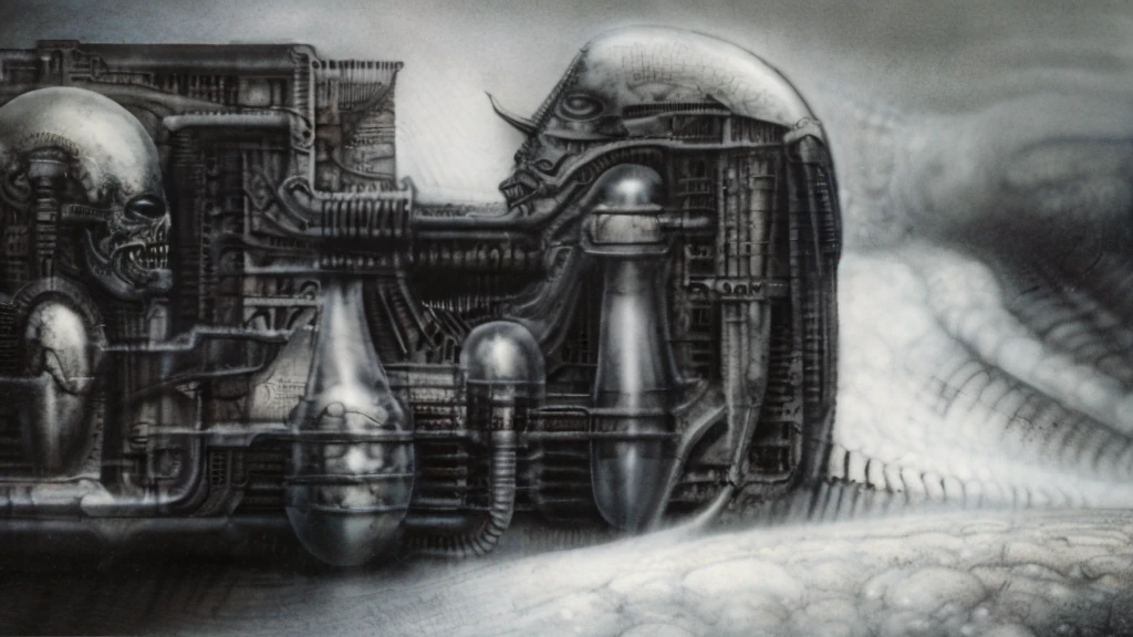 The image is a detailed view of H.R. Giger's biomechanical tableau \" Landscape XVI \" plate, featuring.
(airbrush painting, Giger's alien in front of broken alien ship in landscape, natural light, sharp focus, illustration, highly detailed, digital painting, concept art, matte, art by gric and kozhanov and moebius and Alphonse Mucha, masterpiece, HDR ,UHD , uplight, in HRGigerArhP style);1.
surrealistic painting of a monster with multiple tentacles and a body that looks like a brain, surrounded by a chaotic scene of swirling clouds and other monsters
 It's a complex network of bones and organs in eldritch color scheme:a greenish-brown hue ,swirling gery and brown colors. The artwork is silverish and green brown, with an ivory bones prominently displayed. The image is highly detailed and intricate, almost like a 3d version of a medical sketchwork.   
The piece is a tableau, most likely created with a India ink pen or pencil on paper, determined by the thin lines, shading techniques, and the texture of the paper, which is visible around the edges.
Used is pen, given the shading and variations in line weight visible in the image. Artist have used a variety of stylus with different degrees of hardness to achieve the shading effects.
 The use of undersaturated green-grays dark contrasts creates a stark and graphic look. Is used a variety of linework techniques to create different textures. Fine, parallel lines create a smooth, metallic texture,while thicker, more cursive lines suggest cables or wires.
Light source from the top highlights skeletals, pper part of foreground, lower part of image is in shadowupper part of foreground, lower part of image is in shadow.
The art performance showcases the artist’s skills in observation and rendering. The level of detail in the piece suggests a close study of real bone specimens and mechanics. The artist has skillfully used shading techniques to create a convincing illusion of three-dimensionality on a flat surface. The wrinkles 