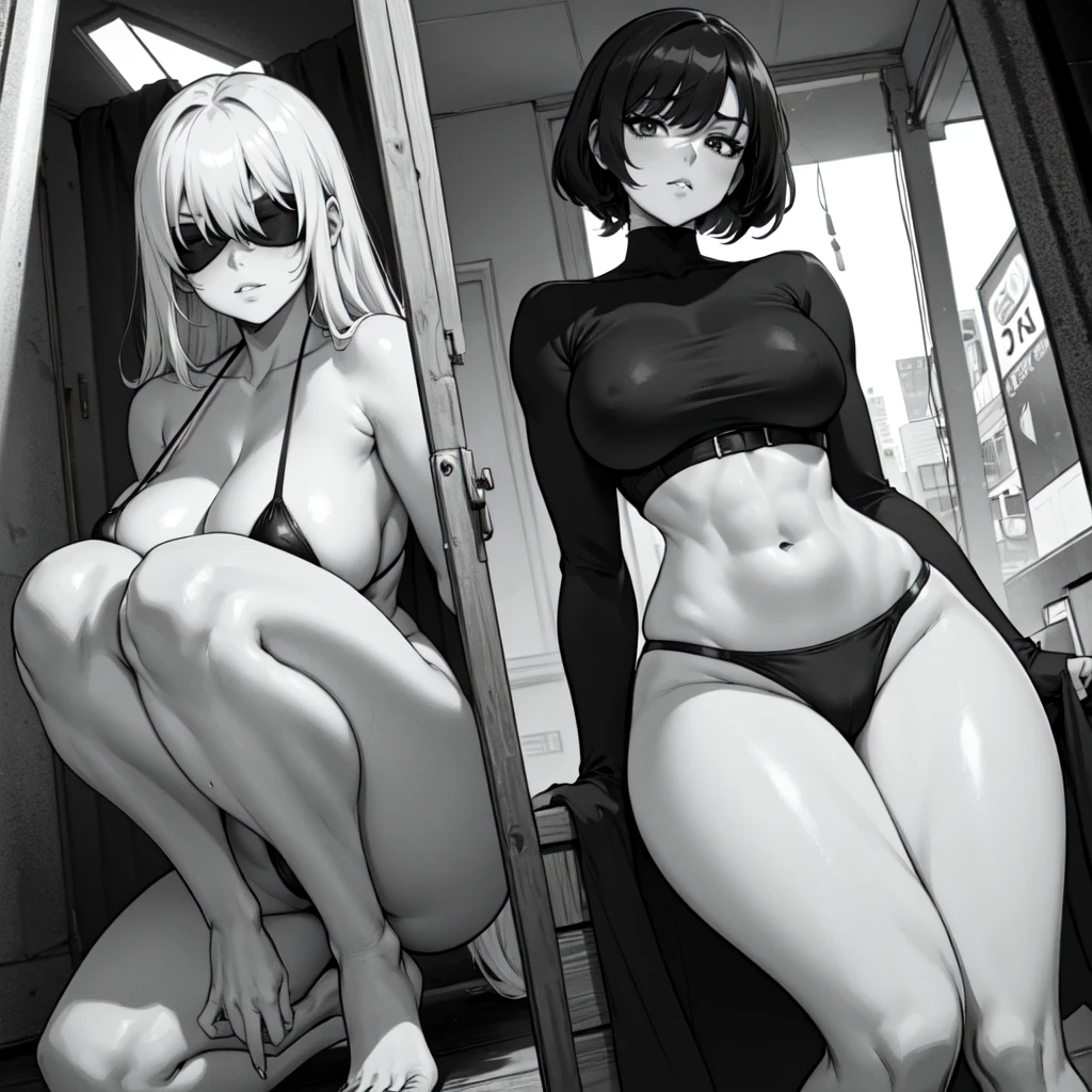 1 girl, anime style, linear, black and white, doing squats, bikini, muscular, defined abdomen, beautiful thighs, large thighs, wide thighs, bangs covering her eyes, sexy