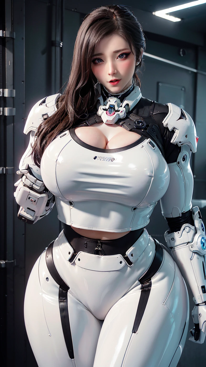 Solo, Stand Up Straight, Physically-based Rendering, Unreal Engine 5 Render, Jealous, (look Half Body:1.5), ((muscle And Bbw Body Type:1.2)), ((cleavage, Busty, Gigantic fake Breast:1.5)), (expose muscle Abs:1.4), (big Hips:1.3), ((beautiful Cyborg Woman, Red Mecha Musume Girl, Futuristic Cyber Crop top armor, White Mecha Body Girl from OVERWATCH 2, Guard Arms, Gloves:1.5)), (close Up Upper Body), (pale Skin, Body Oiled, (clean Glossy Bodyskin:1.4), (background Futuristic Space Station:1), (photorealsitic:1.4), (ultra-detailliert), (top-quality), (best Shadows), Bright Light In Room, Hyper Texture, (4x Msaa), ((unreal Engine 5 Render)), (neon), Physically-based Rendering, Ultra Hight Definition, 16k, 1080p, Beauty Model, 4k Resolution.