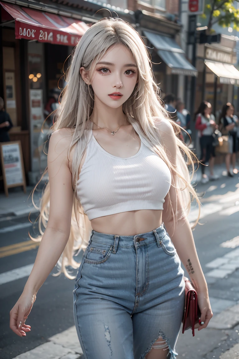photorealestic, high resolucion, 1个女孩, White wavy hair, Korea person, Heterochromia eyes, small moles under eyes, Loose white shirt, Tight jeans shorts, a large breast, Big thighs, Visible panties、Show panties、Streets of Kyoto、25歳、Tank Tops、Muchimuchi Body、bbw