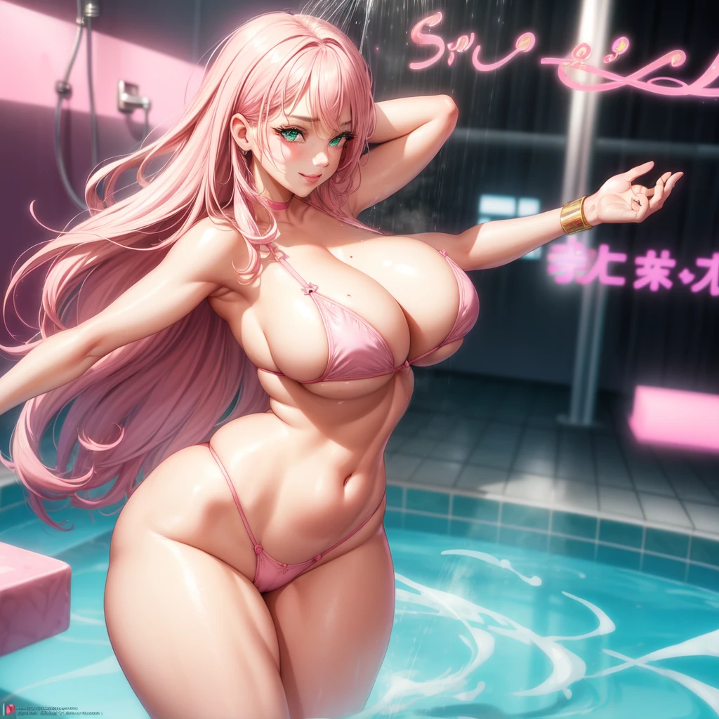 ((1 girls), solo, clevage, Big round breasts, trendy, stylish, clevage, thighs, hips, realistic, pink hair, blonde hair, light green eyes, lip gloss, detailed face, amazing big eyes, eye details, big lips, eyebrow details, blush, smirk, naughty, mischevious face, HD, good quality, thick thighs, attractive, pink bikini, bathroom shower, hot, sexy, curvy, steam