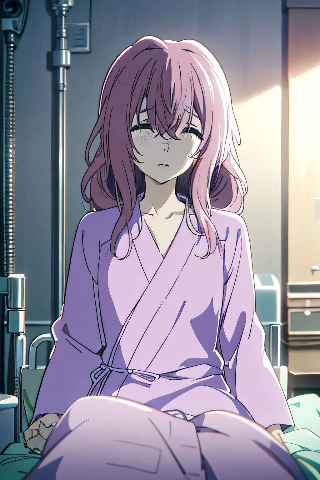 masterpiece，Best quality，1 Girl，Shoko Nishimiya，sad，Tears，Breast augmentation，Lying in a hospital bed，Pink hair，White hair，Messy hair，Bathrobe Hospital Gown