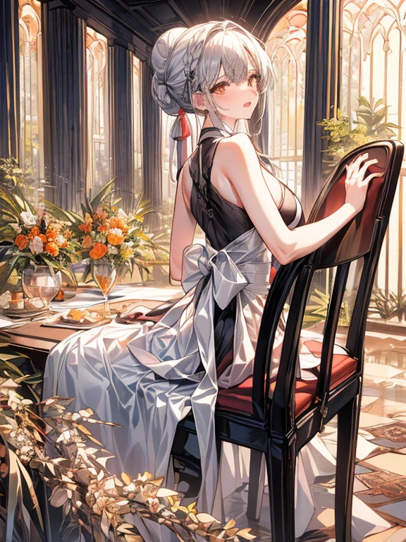 (from below:1.2),(from side:0.9), ((Face)), (Close-Up:0.4), (A masterpiece of image quality in 8K),(Beautiful Allafed Woman),(((emphasizing breasts:1.3))),(Dynamic angles),(Dynamic and sexy bending pose:1.3),(sit a chair:1.3),(Short hair in shiny silver and orange inner colors,large full breasts,Disturbance of clothing due to movement,breast slip,(Ponytail twisted buns adorned with elaborate braids and beads,Braided Setup Fishbone Hair:1.2),(see-through bangs),small breasts,(((A brown lace apron that shows your bare skin from under your small breasts.......)))、Blush with embarrassment、Enraptured eyes、 open mouth,A smile that beguiles the viewer、(Look back:1.7)、Look into the photographer,skin glistening with sweat,gazing at viewer,,(Professional Lighting),(masutepiece,top-quality,Ultra-high resolution output image,),(Ultra HD with complex detail image modes),depth of fields,Beautiful hands,Beautiful fingers,Detailed finger features,(Detailed hair features:1.7),detailed facial features,detailed clothes features,