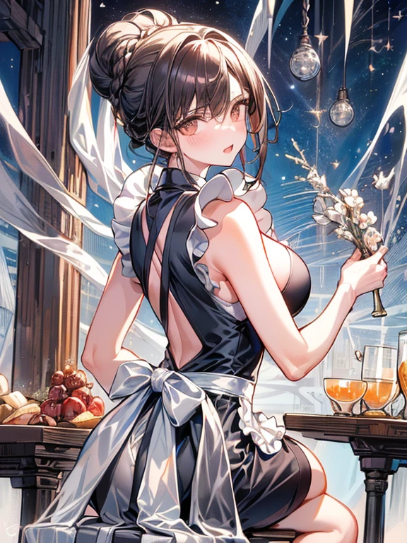 (from below:1.2),(from side:0.9), ((Face)), (Close-Up:0.4), (A masterpiece of image quality in 8K),(Beautiful Allafed Woman),(((emphasizing breasts:1.3))),(Dynamic angles),(Dynamic and sexy bending pose:1.3),(sit a chair:1.3),(Short hair in shiny silver and orange inner colors,large full breasts,Disturbance of clothing due to movement,breast slip,(Ponytail twisted buns adorned with elaborate braids and beads,Braided Setup Fishbone Hair:1.2),(see-through bangs),small breasts,(((A brown lace apron that shows your bare skin from under your small breasts.......)))、Blush with embarrassment、Enraptured eyes、 open mouth,A smile that beguiles the viewer、(Look back:1.7)、Look into the photographer,skin glistening with sweat,gazing at viewer,,(Professional Lighting),(masutepiece,top-quality,Ultra-high resolution output image,),(Ultra HD with complex detail image modes),depth of fields,Beautiful hands,Beautiful fingers,Detailed finger features,(Detailed hair features:1.7),detailed facial features,detailed clothes features, 