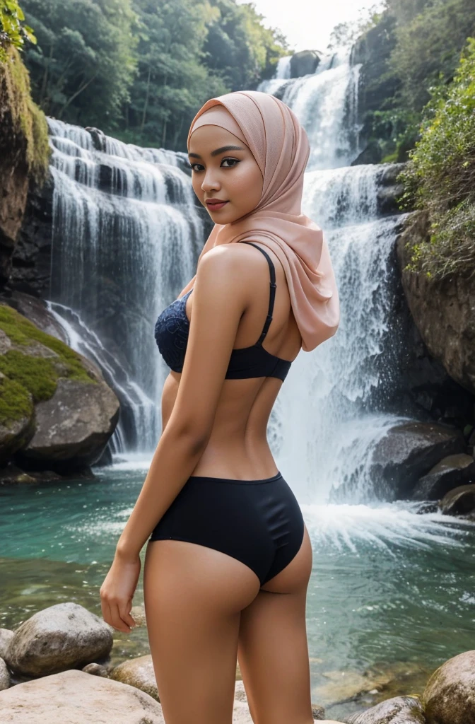 RAW, Best quality, high resolution, masterpiece: 1.3), beautiful Malay woman in hijab.21 years old.Masterpiece, perfect slim fit body, (very small breast).gorgeous eyes, Soft smile, nude, naked, sunrise view. waterfall view. water splash, sea view, Excellent lighting, Bright colors, Clean lines. small ass. nsfw