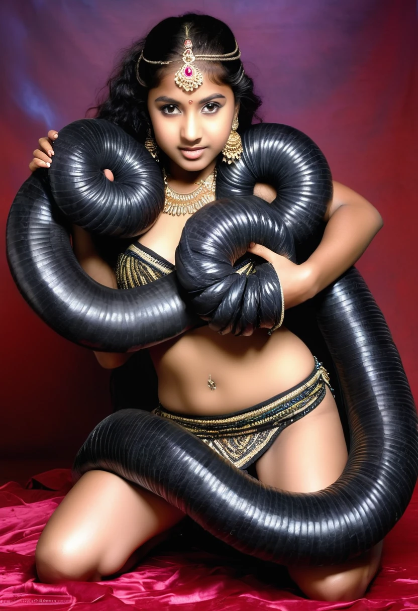 Happy Horny, aroused 1girl), beautiful kneeling Indian  young  belly dancer girl with  giant colossal black titanboa squeezing her hard, wrapped in thick spiraling coils, constricted, struggle, gasping for air, snake attack, snake peril,