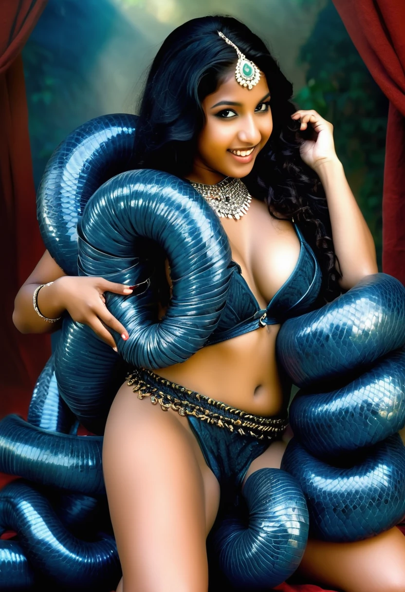 Happy Horny, aroused 1girl), beautiful kneeling Indian young belly dancer girl with giant colossal black titanboa squeezing her hard, wrapped in thick spiraling coils, constricted, struggle, gasping for air, snake attack, snake peril,