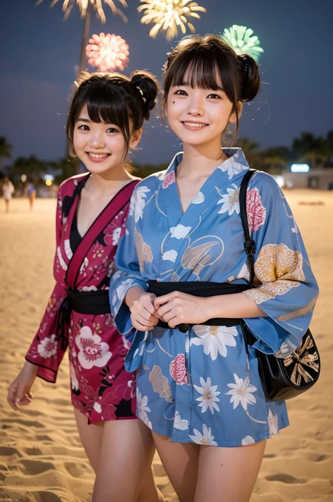 2 girls in beach near school at night,long-sleeved yukata,fireworks,18-year-old,bangs,a little smile,thighs,knees,short hair with low pigtails bunches,from below,front light