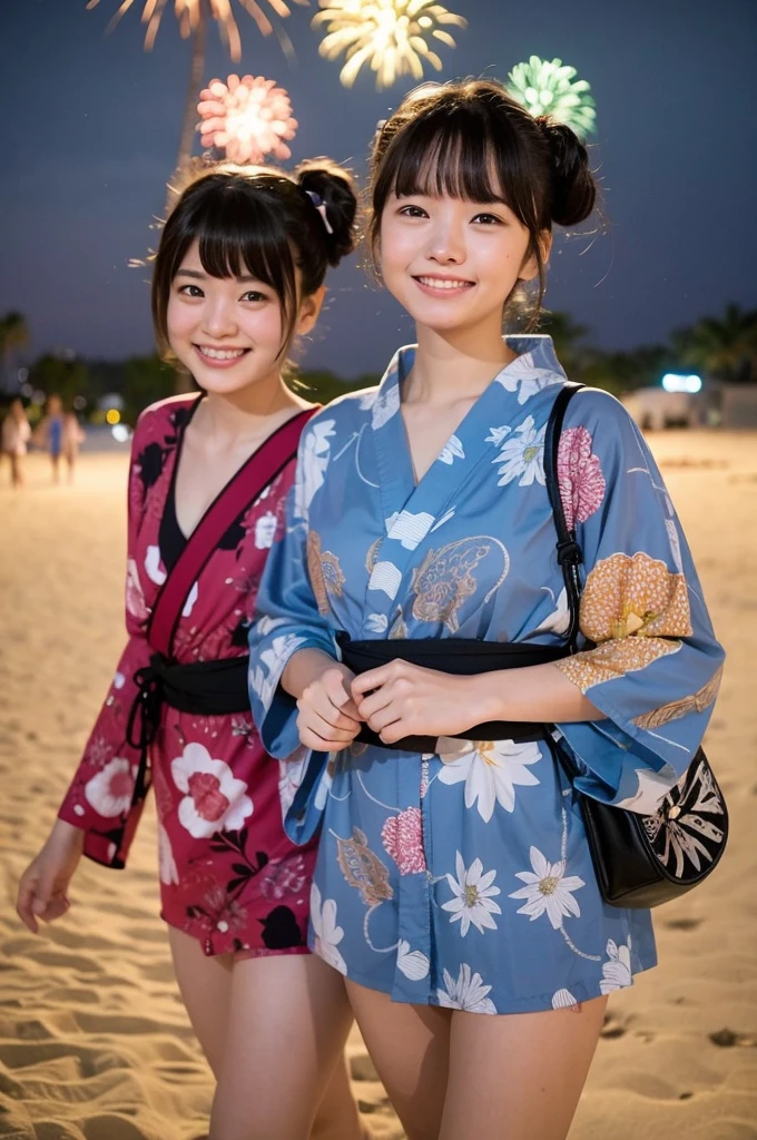 2 girls in beach near school at night,long-sleeved yukata,fireworks,18-year-old,bangs,a little smile,thighs,knees,short hair with low pigtails bunches,from below,front light