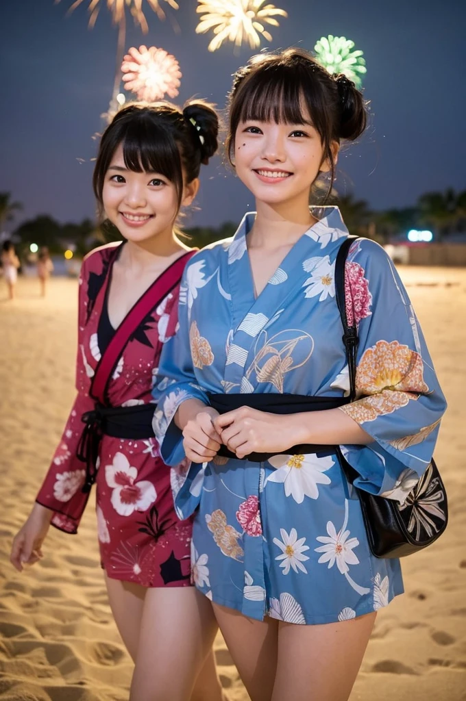 2 girls in beach near school at night,long-sleeved yukata,fireworks,18-year-old,bangs,a little smile,thighs,knees,short hair with low pigtails bunches,from below,front light