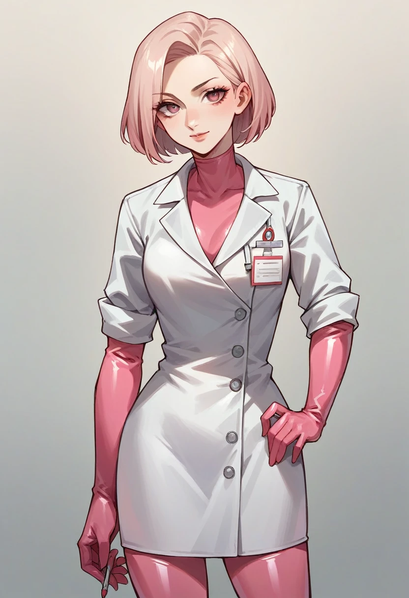 1girl, light hair, ((pink elbow gloves)), ((surgical gloves)), ((latex gloves)), ((long sleeves)) ((pink surgeon outfit)), looking at viewer, ((doctor)), standing, solo
