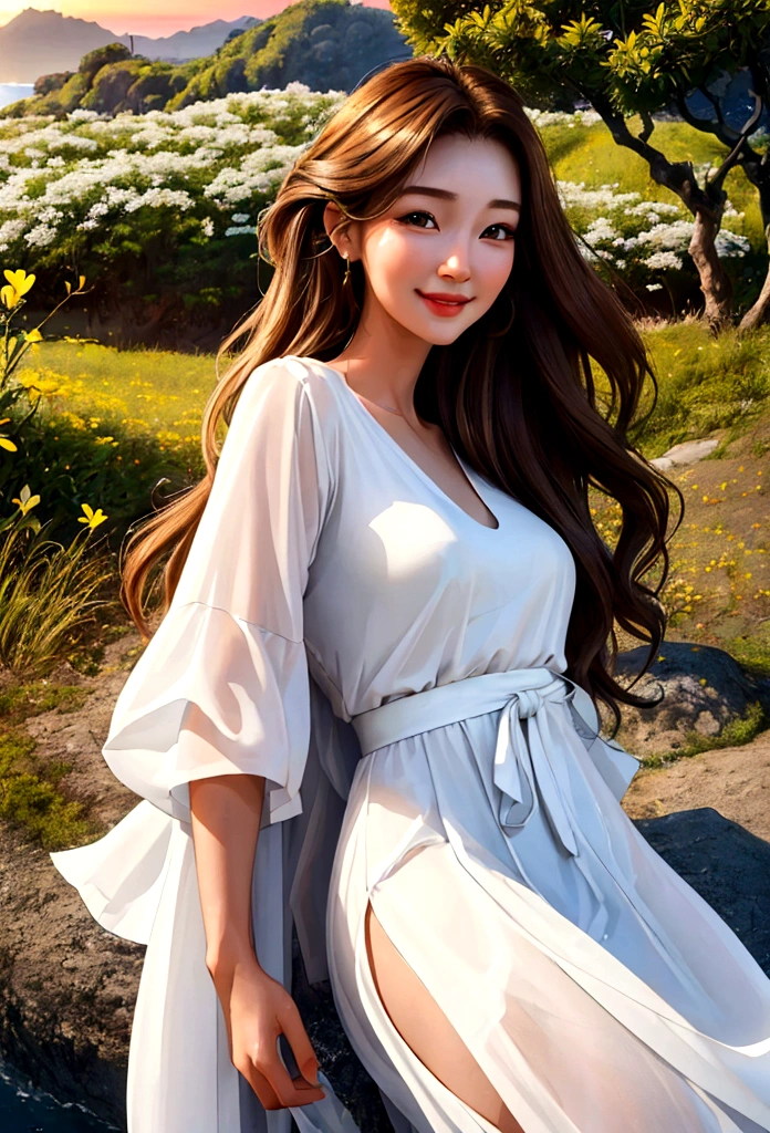 (Surrealistic style, full body shot from the side), (Woman 1_Pretty face and delicate features, eye smile and happy smile, long brown hair, bushy hair), (Beauty_Clear white skin), Jeju Island at sunset_Doldam trail , traveling alone, white dress, breeze, fragrant midsummer, nature, (highest quality, 4k, 8k, high definition, masterpiece: 1.2), ultra detail, (realistic, realistic, photorealistic: 1.37), HDR, UHD, studio Lighting, Sharp Focus, Physically Based Rendering, High Detail, Professional, Vivid Colors, Bokeh, Portrait