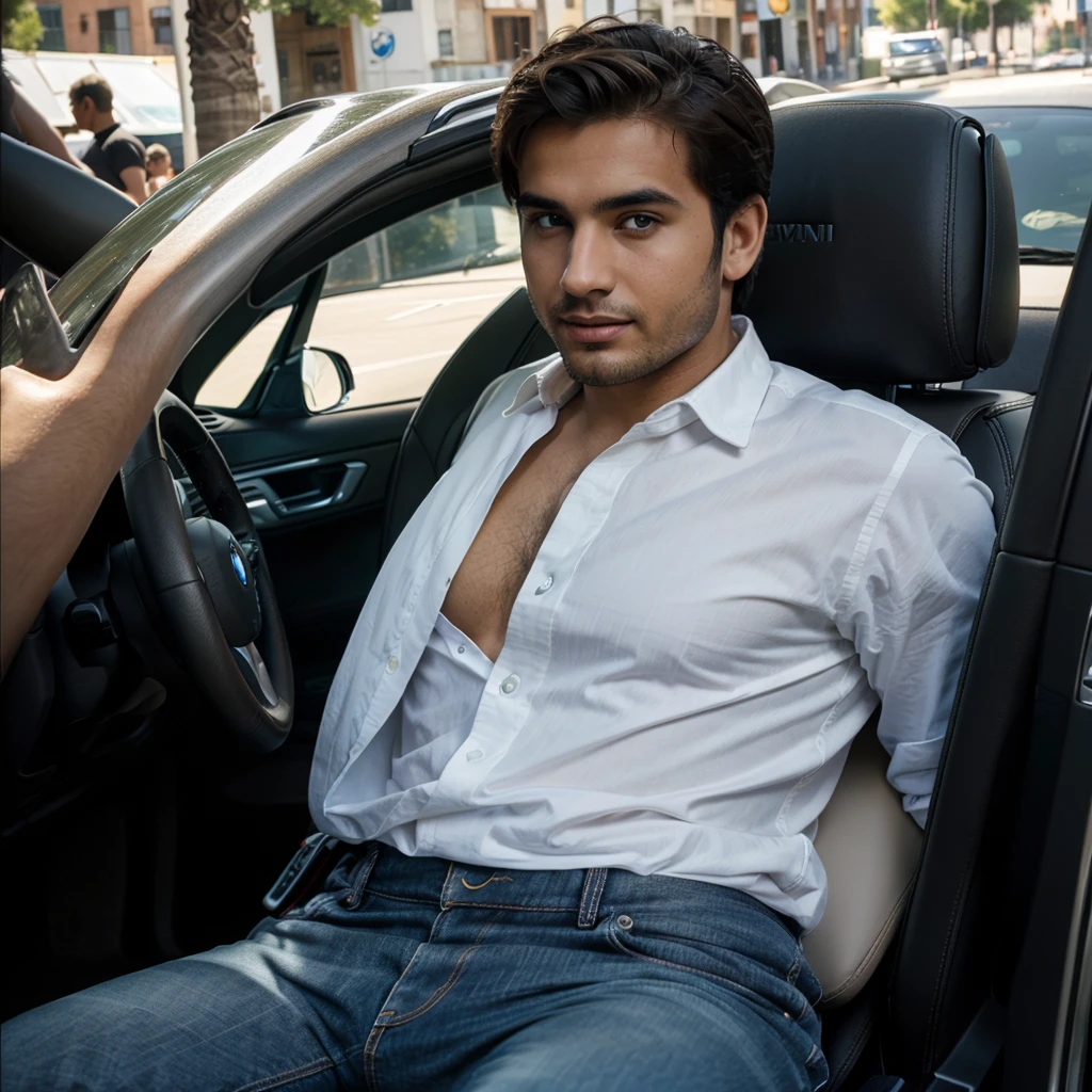 Handsome man , light mustache, hot muscular body , medium curly hair , selfie in his car , quality like its taken by iPhone 12 , wearing a black sport short