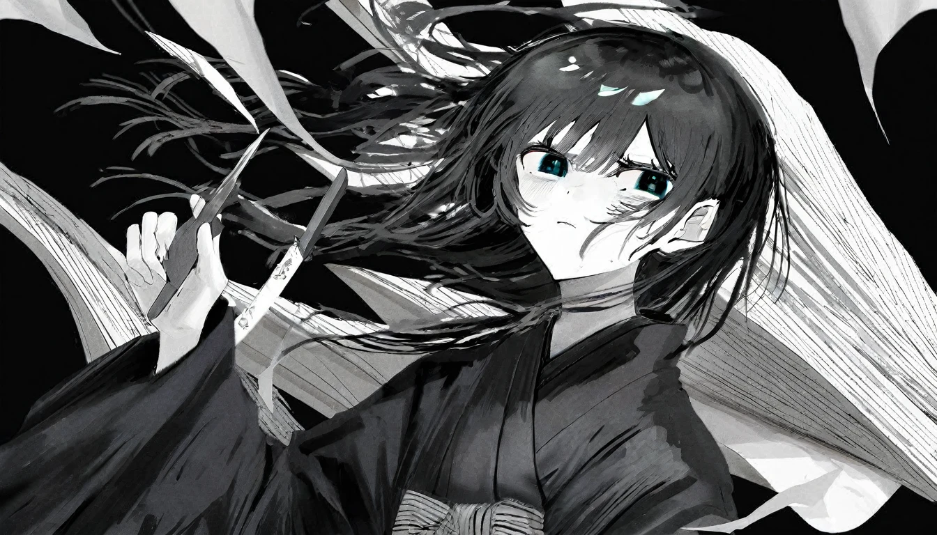 by Demizu Posuka by ziyun,Ninja,knife,
Detailed face paper texture of one girl in kimono,
Look up diagonally,
Slope
(High resolution,
masterpiece,
Highest quality, )