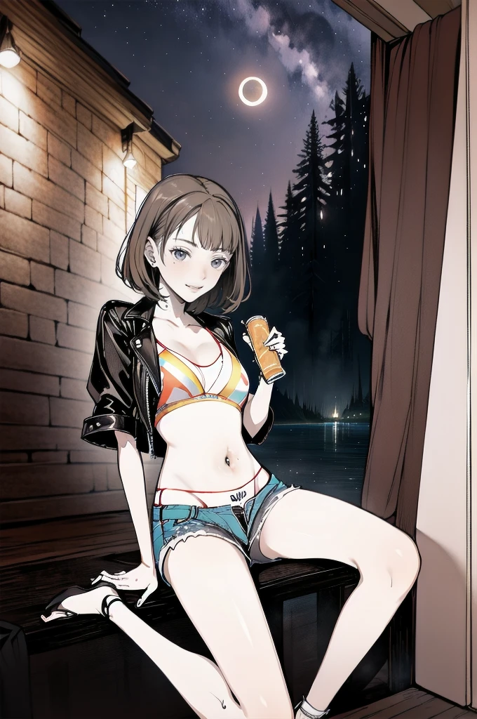 (cowboy shot), (Perfect Anatomy, top-quality, The ultra -The high-definition、high resolution、extremely details CG、8K Unit Wallpapers), 26-year-old, solo, Beautiful detailed eyes, black hair, short bob hair, blunt bang, (small breastder body, athletic), gleaming skin, oily skin,( punk fashion, leather jacket, tank top、micro shorts), (drive a motorcycle,Harley-Davidson), on road at night, Starry Sky with Mountains and Lake, Jessica Rossier, Inspired by Jessica Rossier, Jessica Rossier Fantasy Art, Concept Art Magic Highlights, Official Artwork, Dream Painting, Ethereal Realm, Atmospheric artwork, dreamy matte paintings, serene endless stars inspired by Ted Nasmith, moonlit starry environments, epic music album covers.